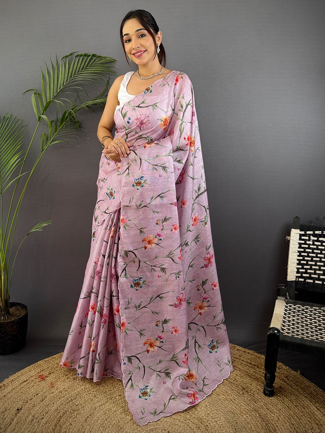 Light Lavender Soft Kota Floral Print Saree by My Store
