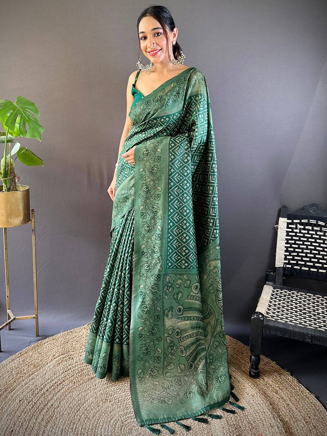 Bottle Green Patola Kalamkari Saree by My Store