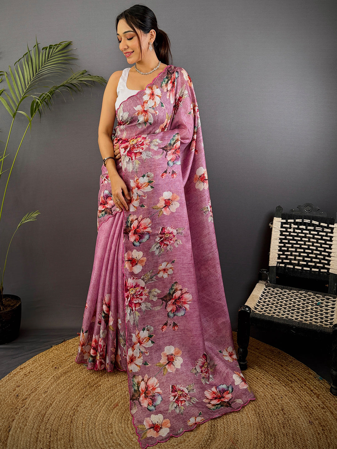 Mauve Pink Kota Floral Digital Cut Work Saree by My Store