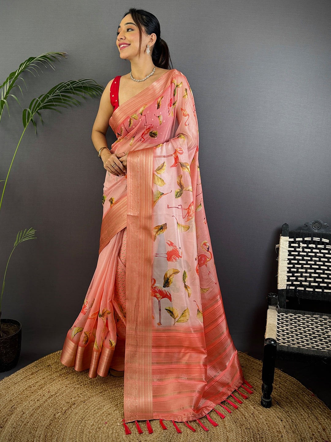 Coral Soft Organza Digital Print Saree by My Store