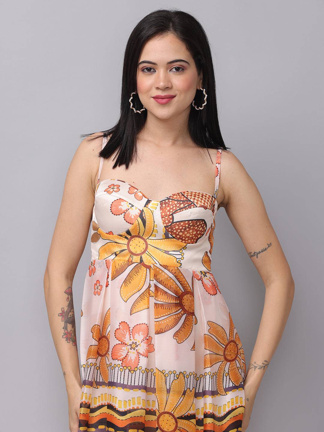 Off White Chiffon Print Dress by My Store