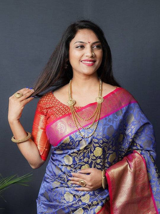 Royal Blue Floral Zari Banarasi Kanjivaram Silk Saree by My Store