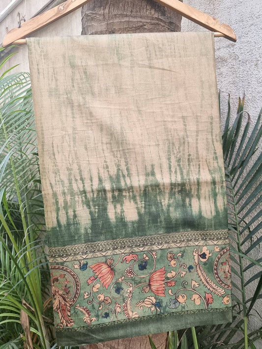 Green Colour Tussar Silk Saree With Batik and Kalamkari Print Border by My Store