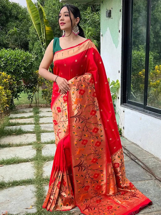 Red Colour Paithani Big Border Woven Saree by My Store