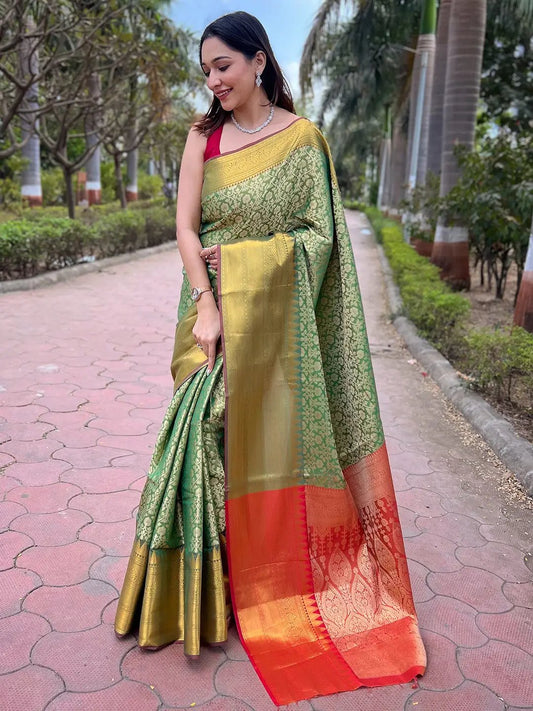 Pista Colour One Gram Gold Tissue Saree With Jacquard Woven Work by My Store