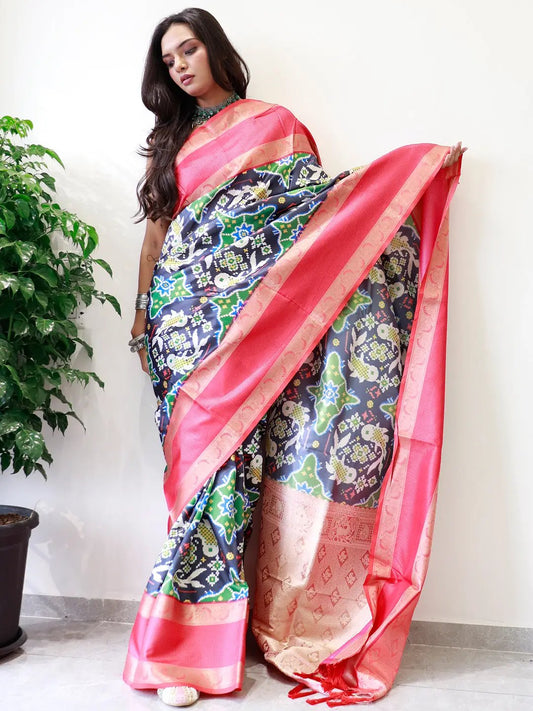 Attractive Soft Silk Gadwal Border Pochampally Print Saree