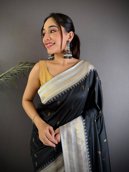 Royal Black Soft Silk Gadwal Saree by My Store