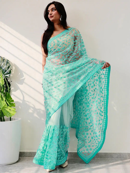 Elegant Saree Adorned with Ethnic Motifs, Intricate Threadwork, and Embellished Borders by My Store