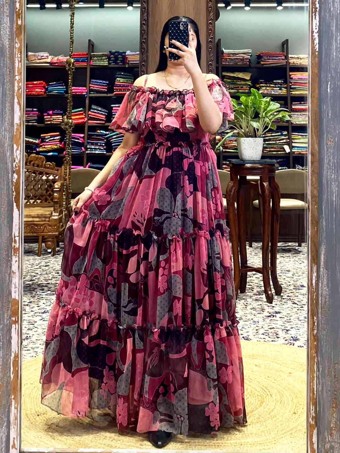 Brown Georgette Abstract Dress by My Store