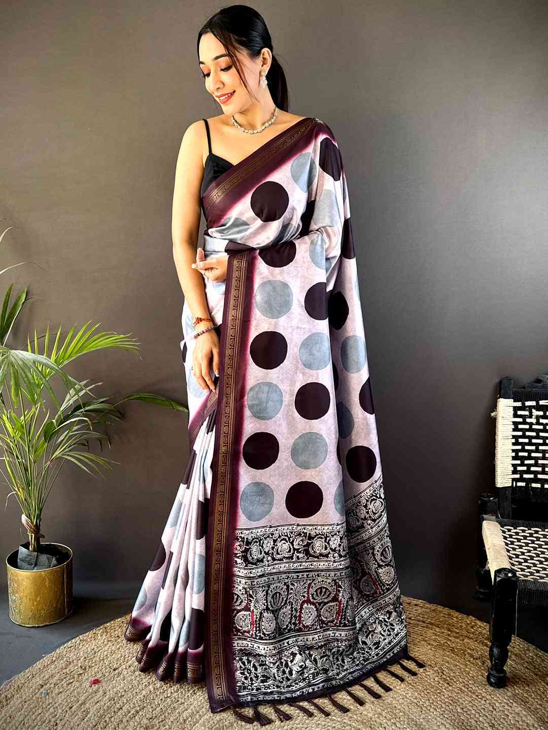 Lavender Soft Silk Polka Dot Print Saree by My Store