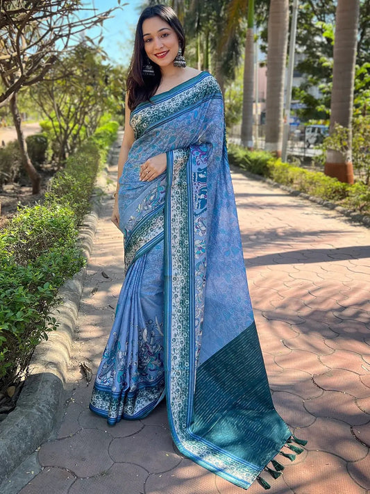 Satin Kota Doria Saree With Kalamkari Digital Print In Blue Colour by My Store