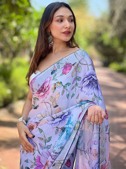 Satin Georgette Off White Floral Digital Print Saree by My Store