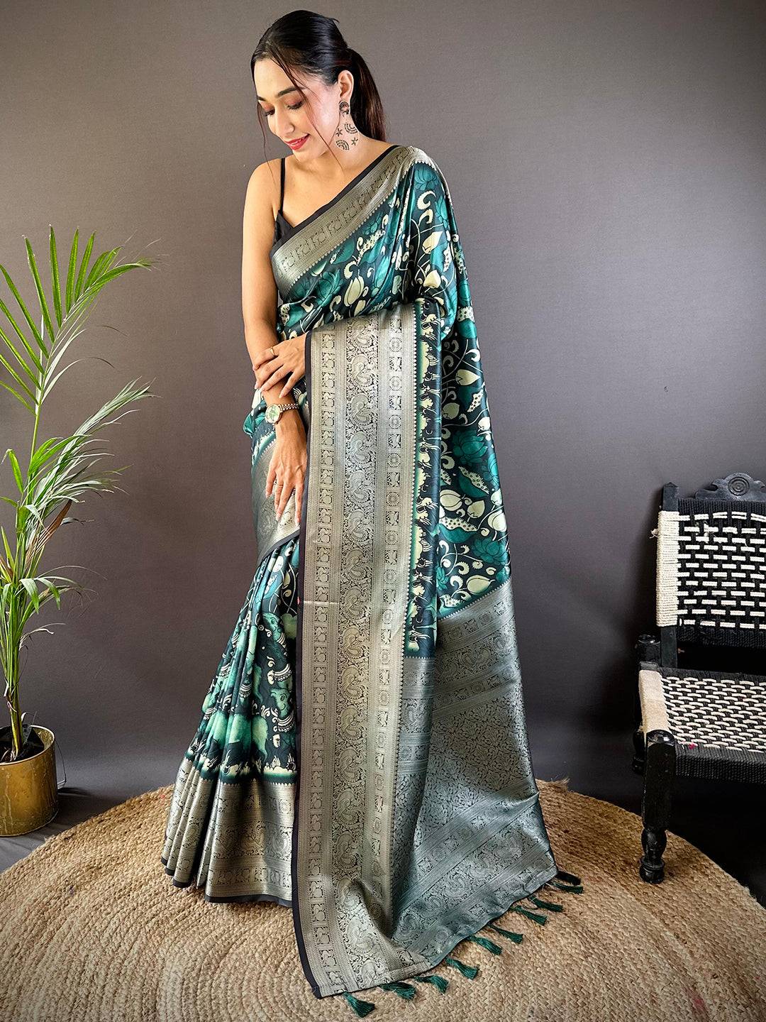 Ocean Teal Soft Silk Kalamkari Saree by My Store