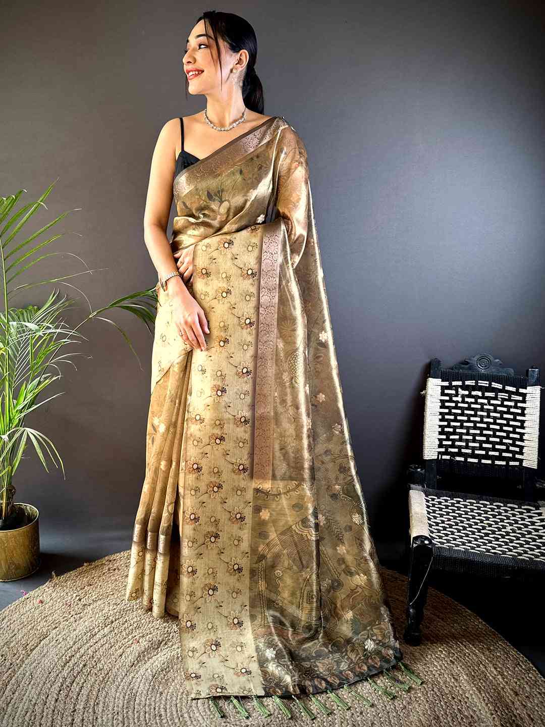 Light Pista Floral Satin Bentex Border Saree by My Store