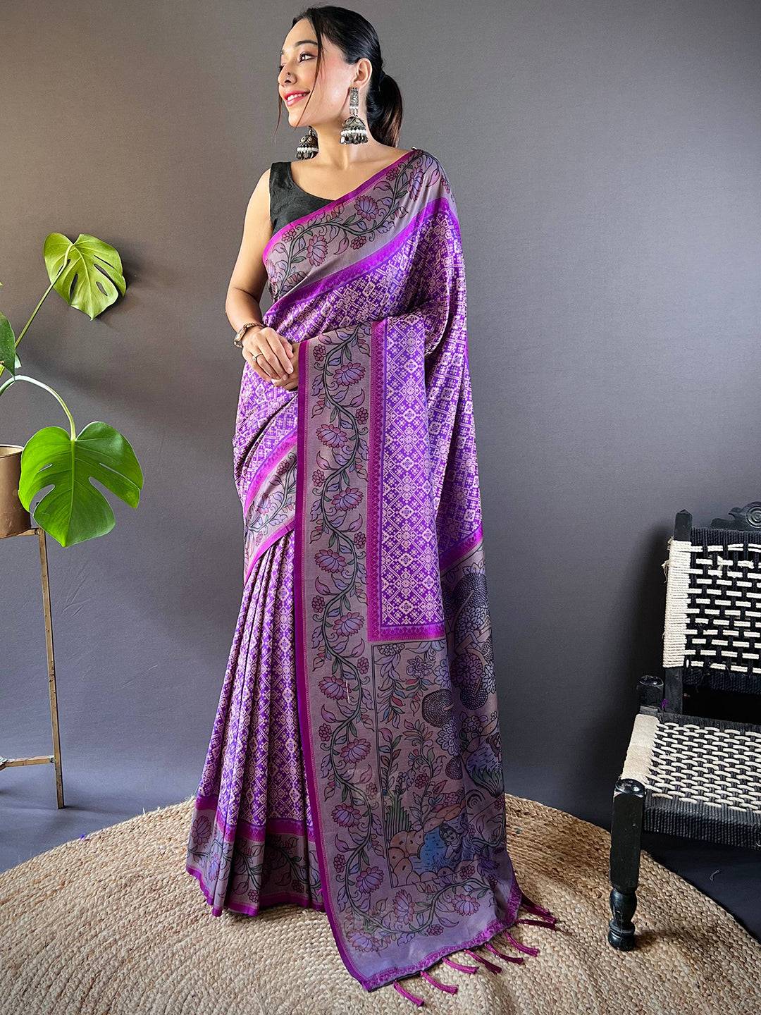 Orchid Patola And Kalamkari Fusion Saree by My Store