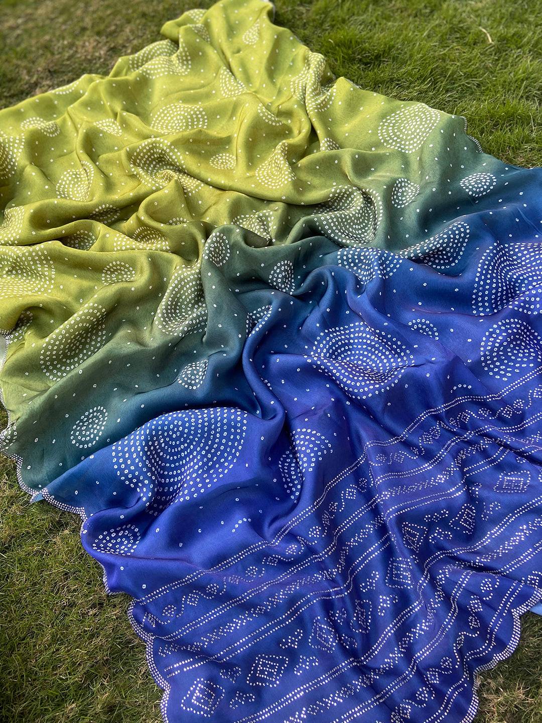 Lime Georgette Silk Saree with Ombre Bandhej Print & Swaroski Stone Work by My Store