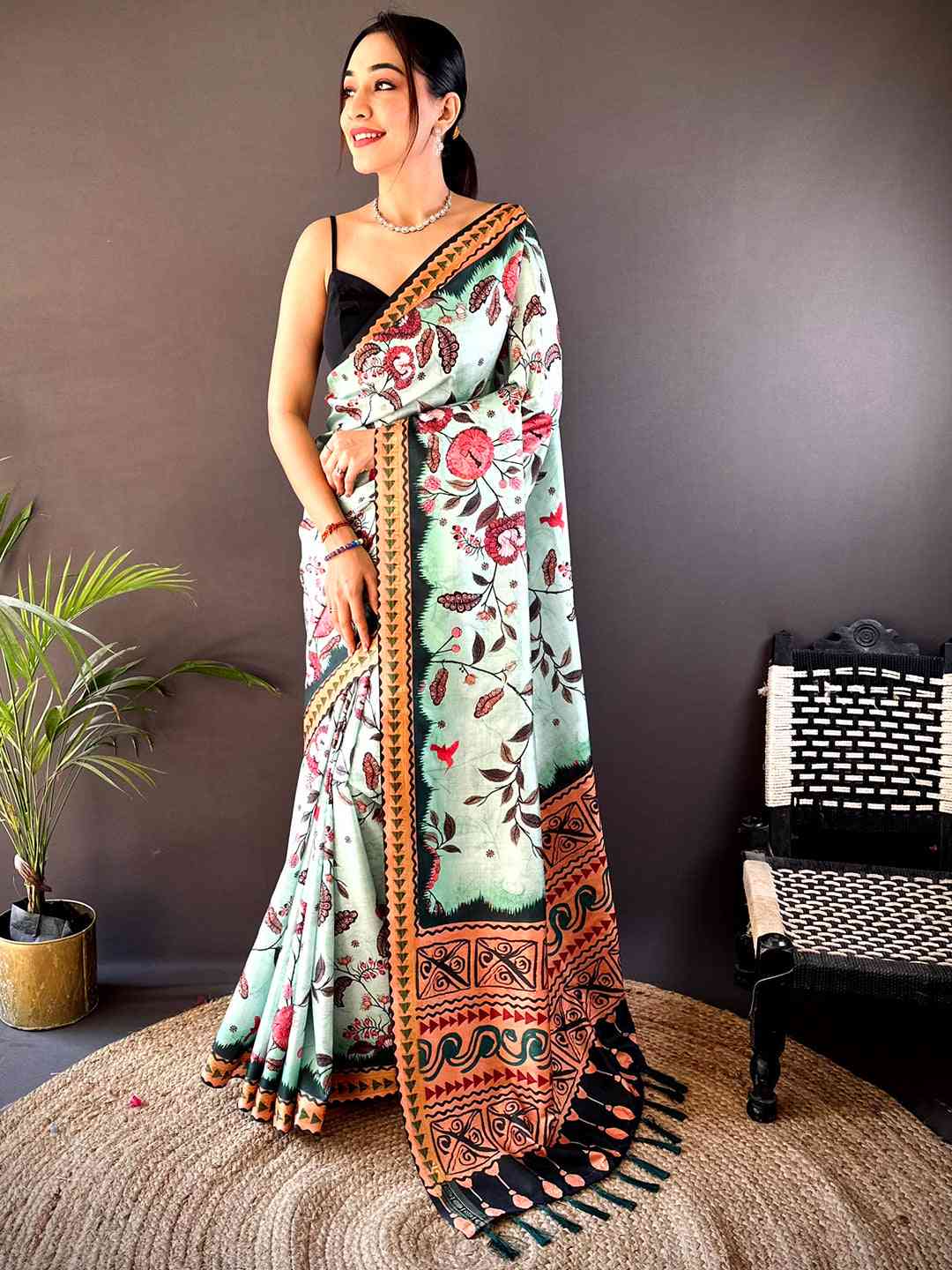 Mint Green Soft Silk Floral Saree by My Store