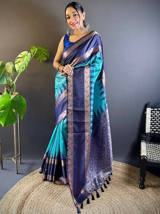 Blue Rettapet Zari Chex Banarasi Silk Saree