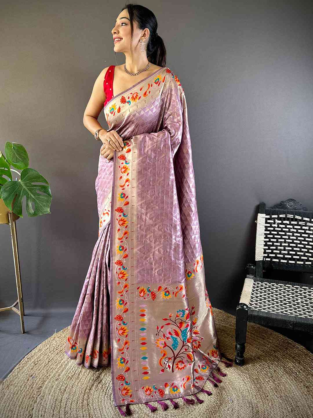 Light Wine Silk Blend Woven Zari Work Paithani Saree by My Store