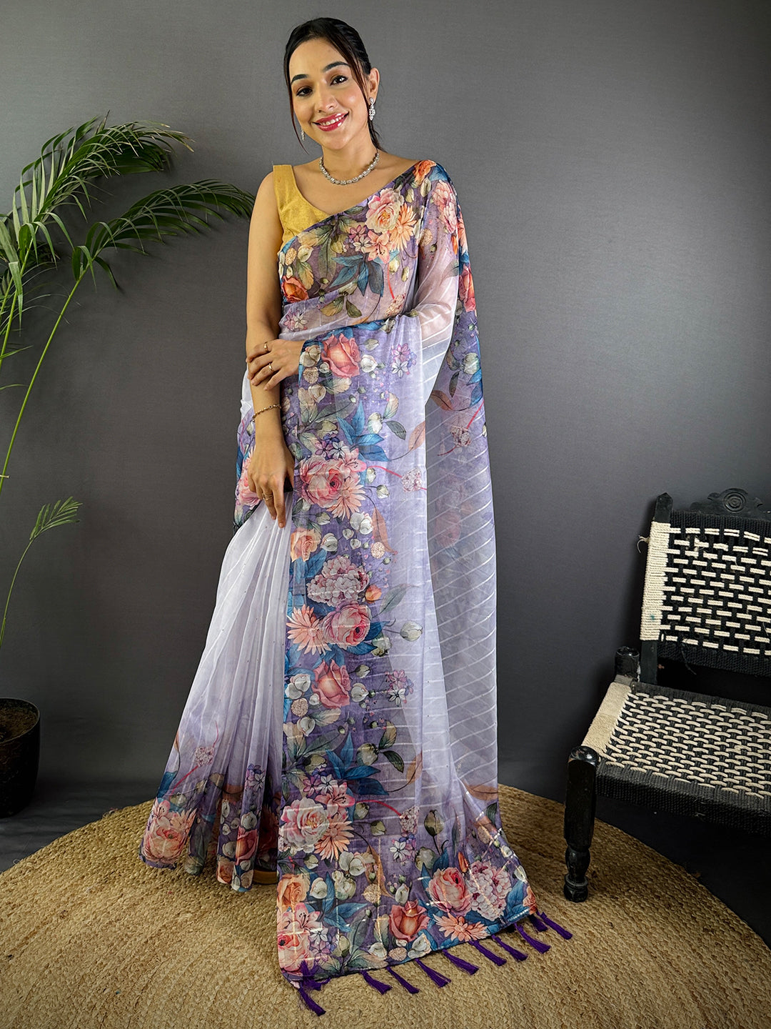 Light Purple Soft Organza Digital Floral Saree by My Store