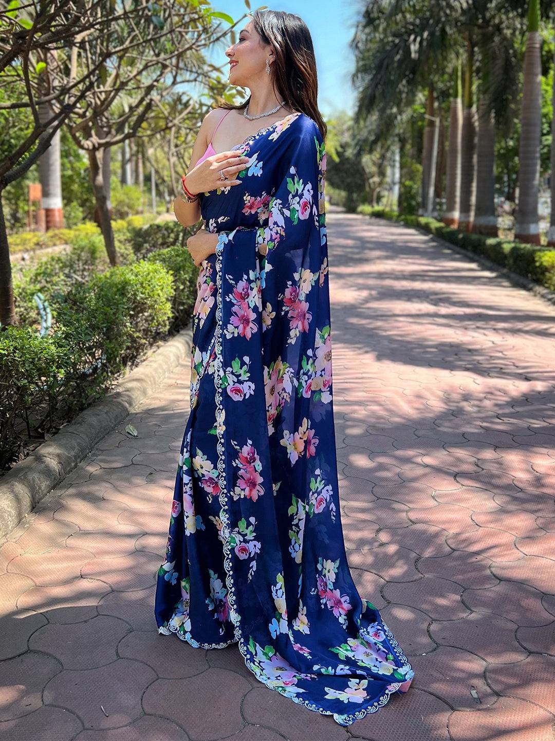 Navy Satin Georgette Floral Print Saree by My Store