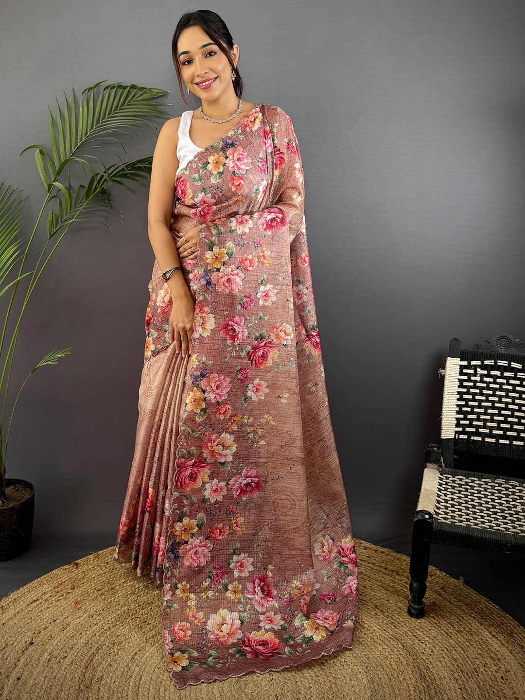 Light Brown Kota Doriya Floral Cut Work Saree by My Store