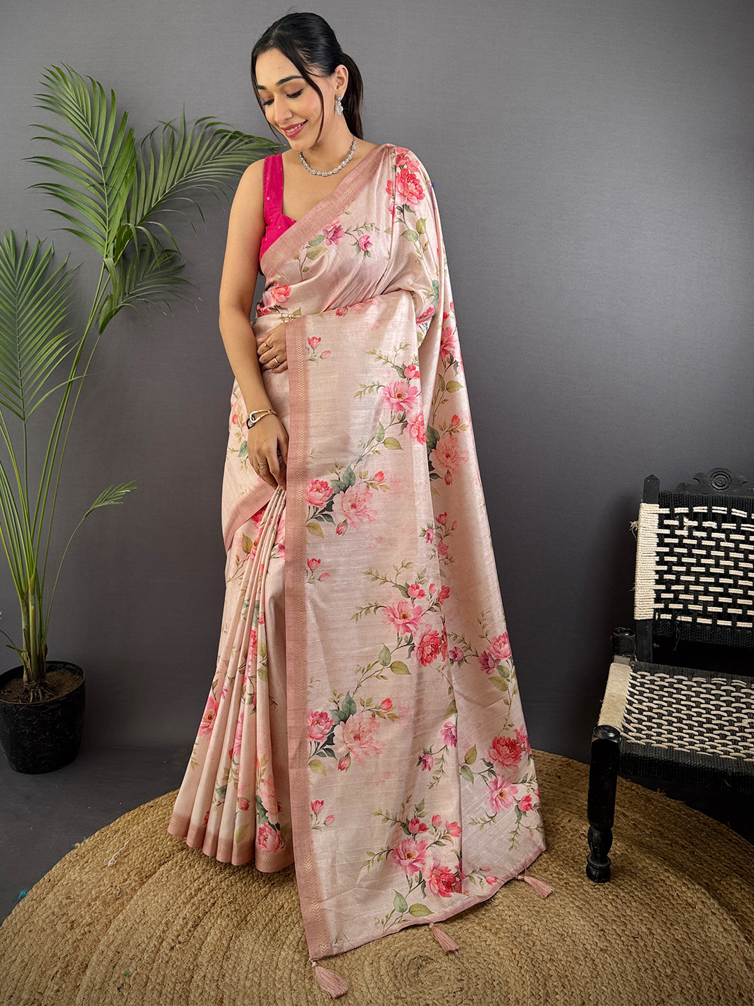 Light Pink Ghicha Leaf Print Saree by My Store