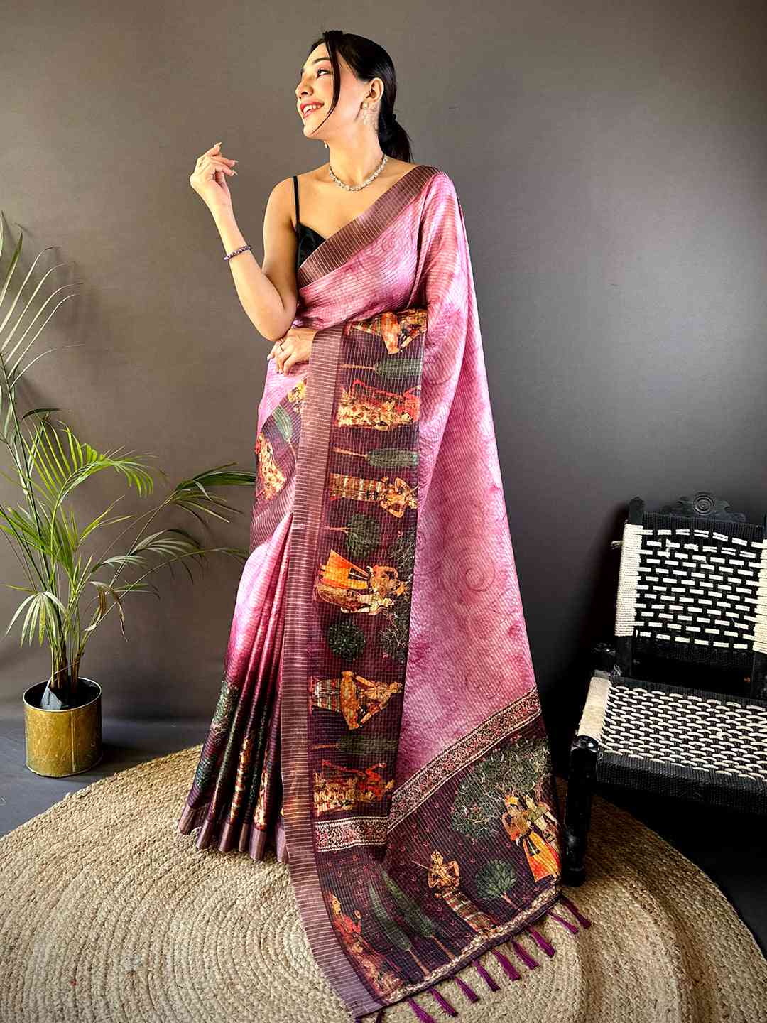 Light Pink Kalamkari Pichwai Black Check Saree by My Store
