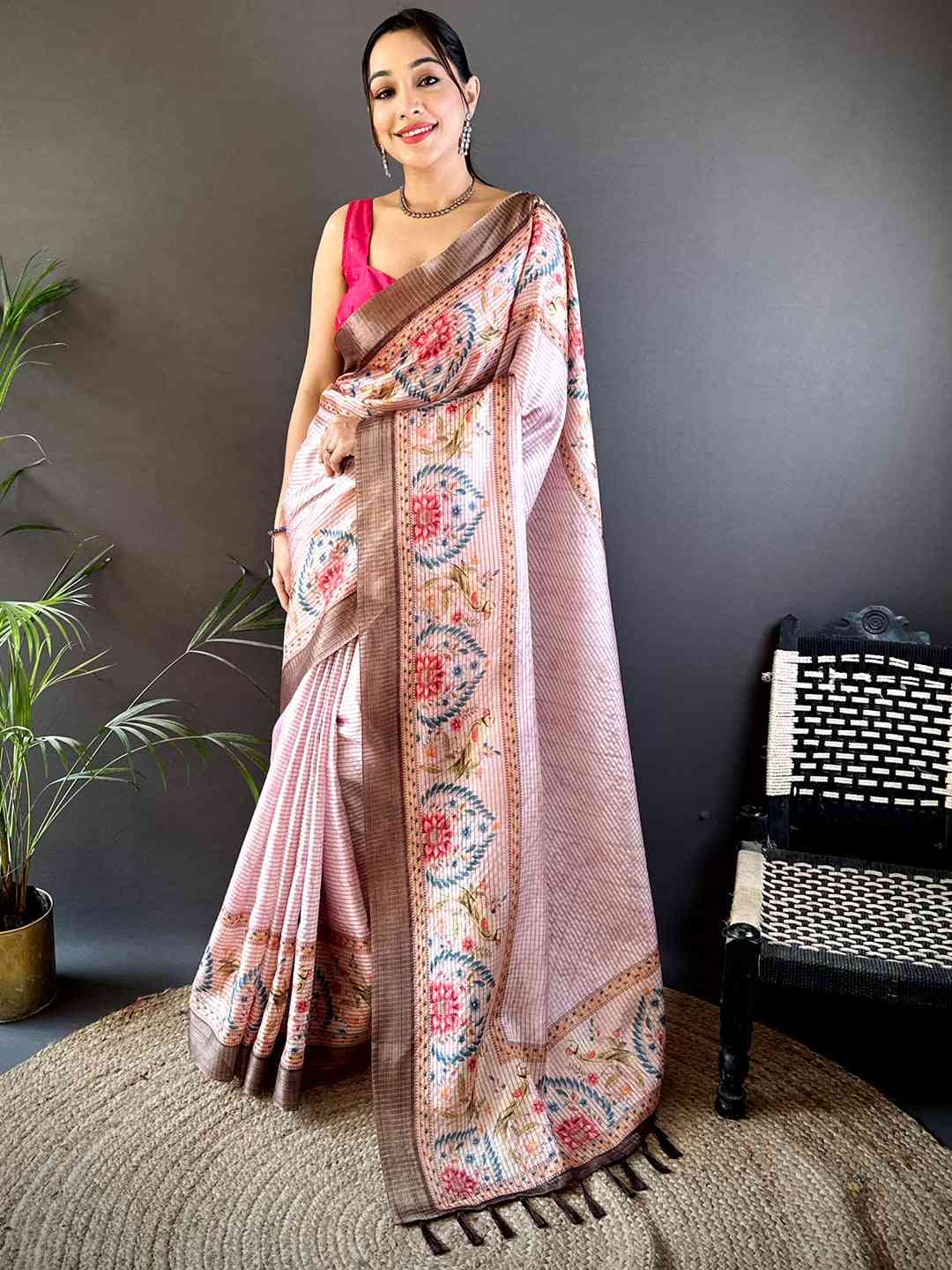 Graceful Pastel Pink Soft Silk Chex Saree by My Store
