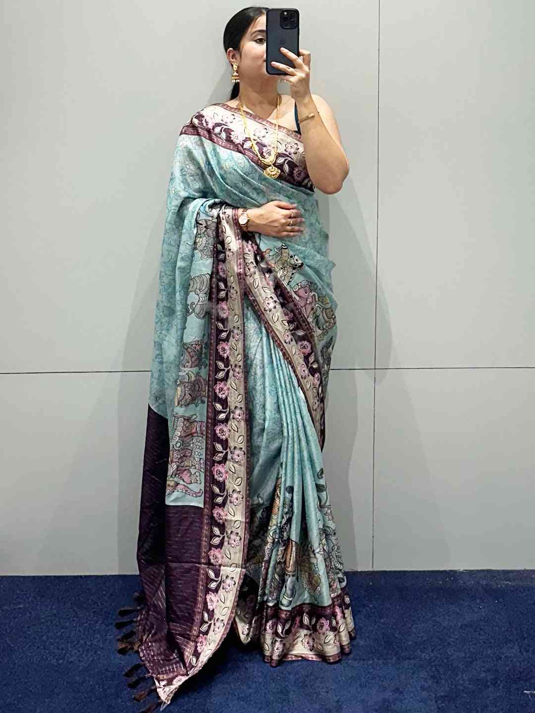 Turquoise Colour Satin Kota Doria Digital Kalamkari Zari Pallu
