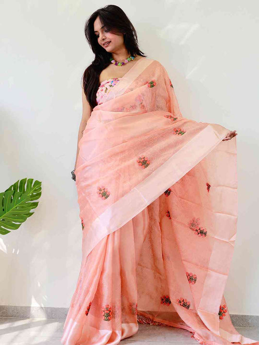 Soft Chiffon Satin Saree With Flower Embroidered Work by My Store