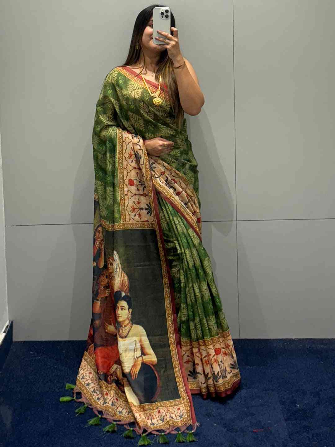 Green Colour Block Print Saree With kalamkari Print Pallu by My Store