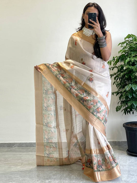 Exclusive Soft Gold Zari Tissue Digital Print Saree by My Store