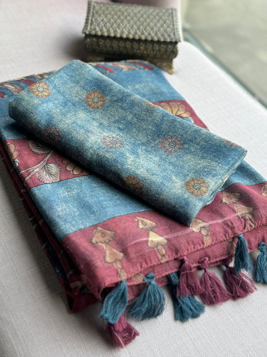 Radiant Kalamkari Printed Linen Saree by My Store