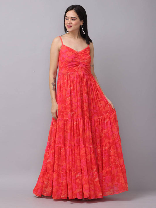 Radiant Red Floral Ruched Maxi by My Store