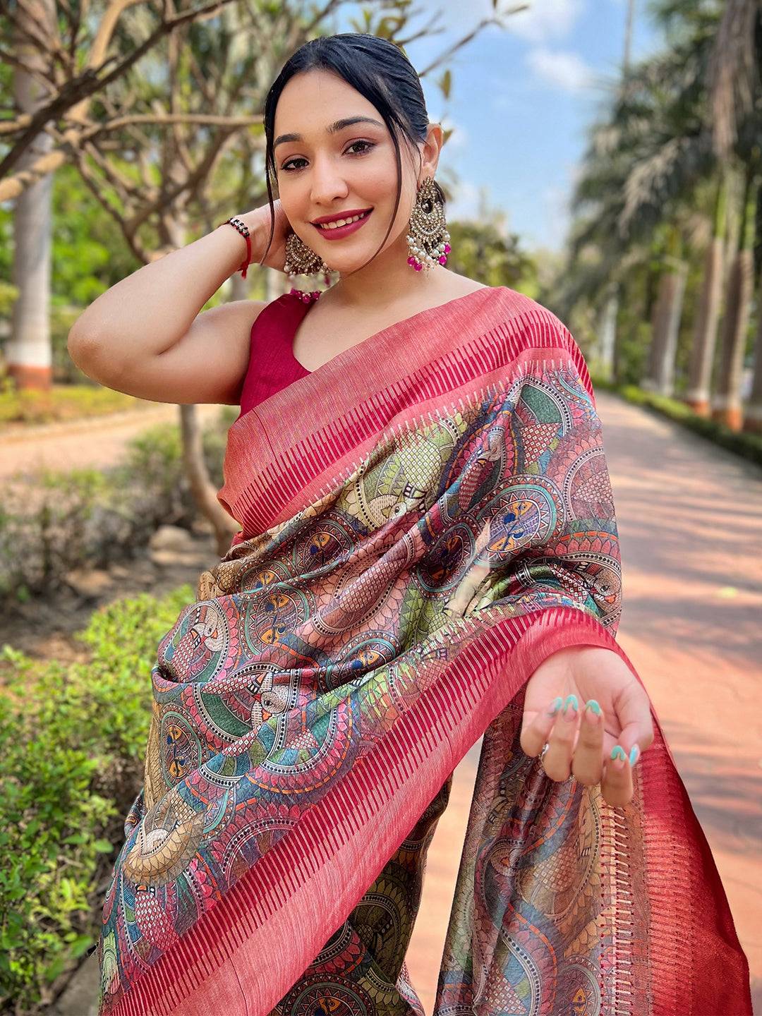 Beautiful Slub Tussar Silk Madhubani Kalamkari Block Print Saree