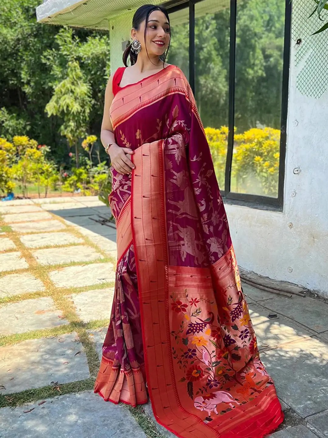 Magenta Wine Paithani Silk Pichwai Saree by My Store