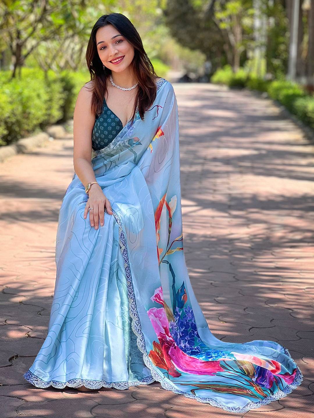 Light Blue Satin Georgette Floral Print Saree by My Store