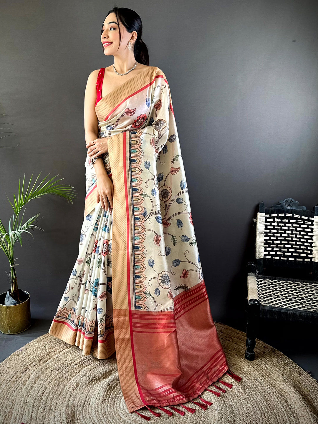 Cream Digital Kalamkari Printed Tussar Silk Saree by My Store