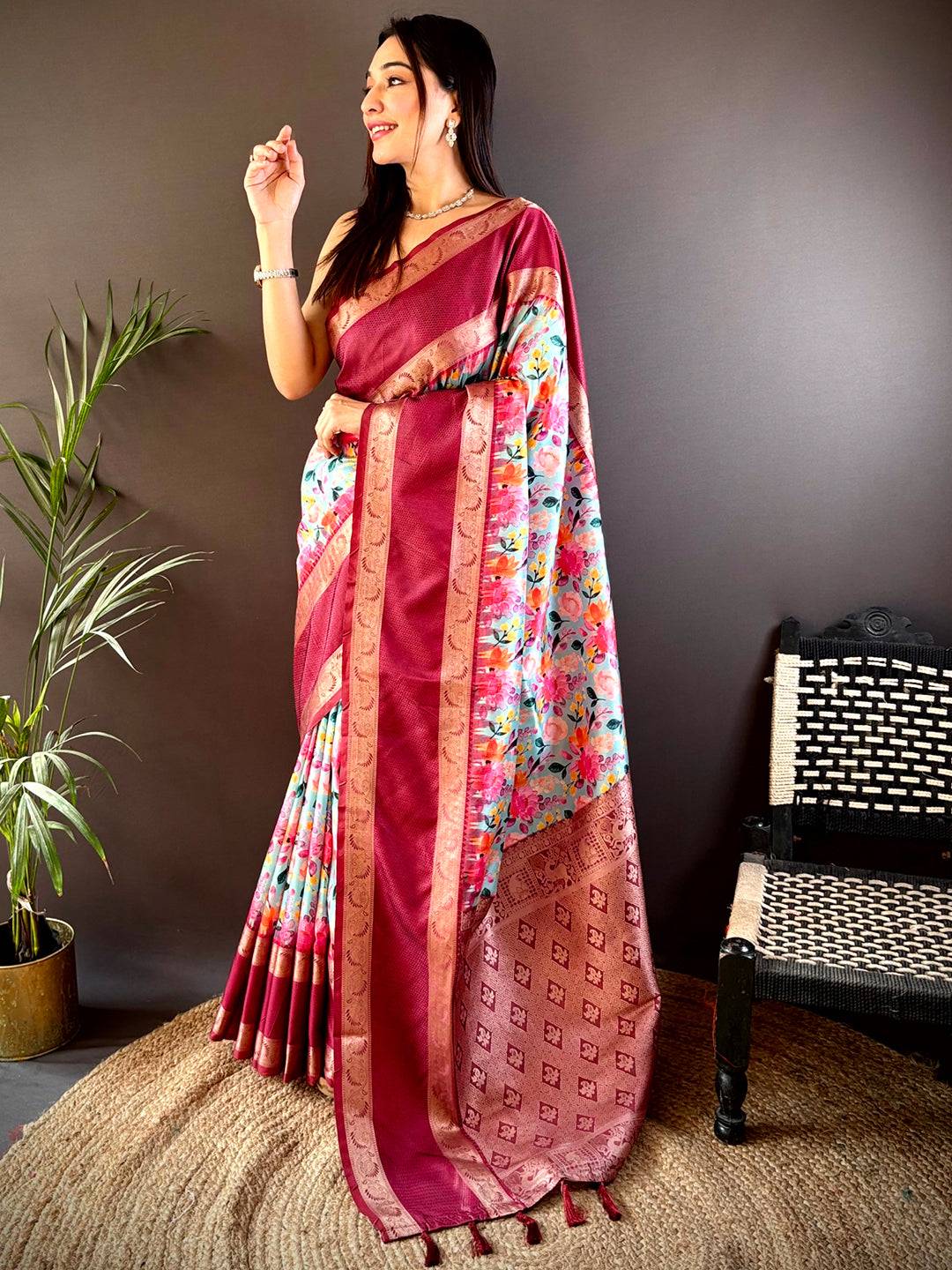 Opulent Wine Banarasi Soft Silk Saree by My Store