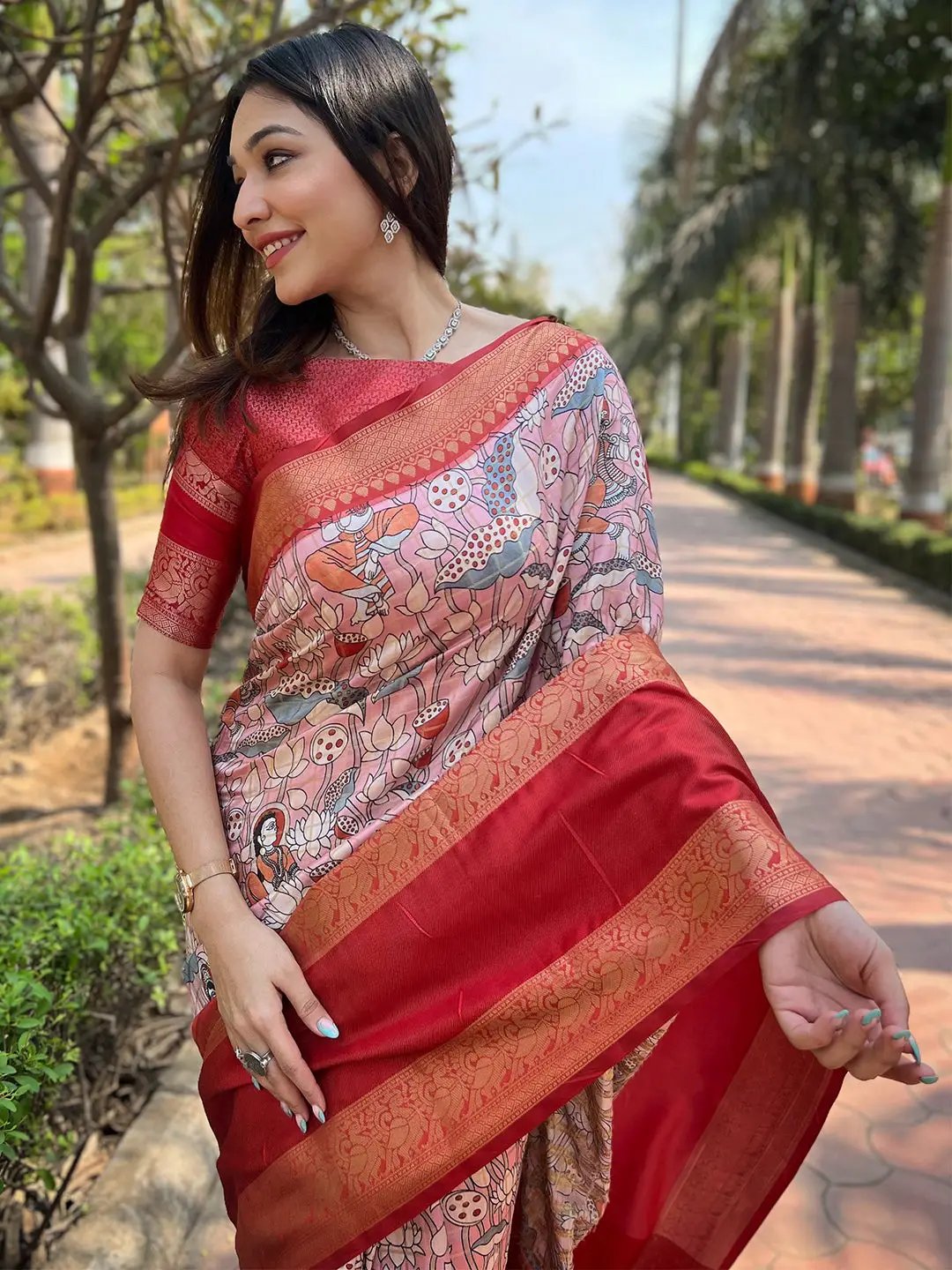 Pink Colour Double Border Chex Weaving Banarasi Soft Silk Saree