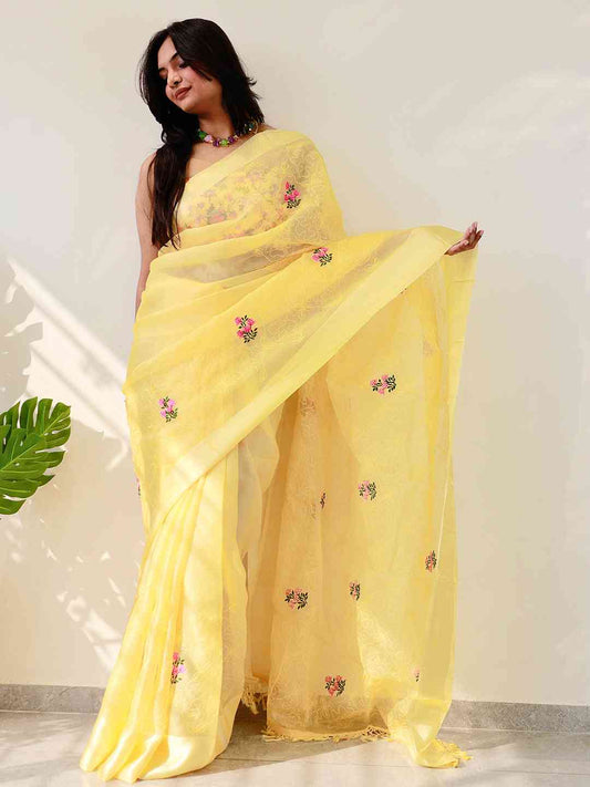 Soft Chiffon Satin Saree With Flower Embroidered Work by My Store