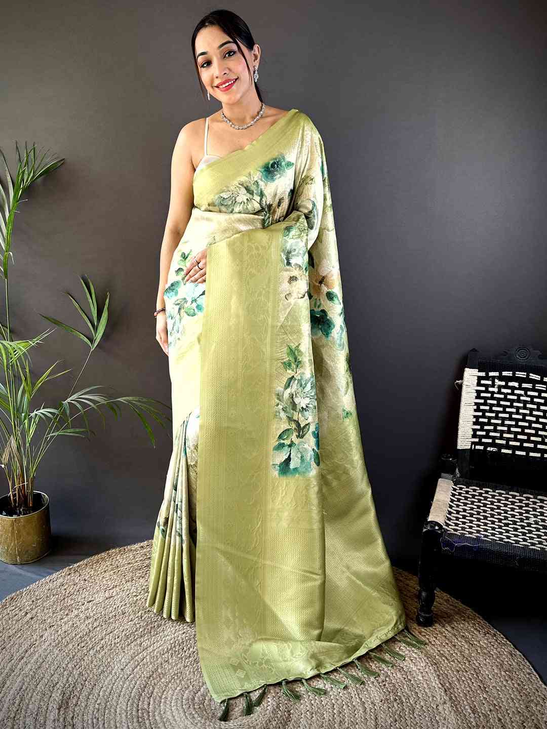 Olive Kanjivaram Digital Silk Saree by My Store