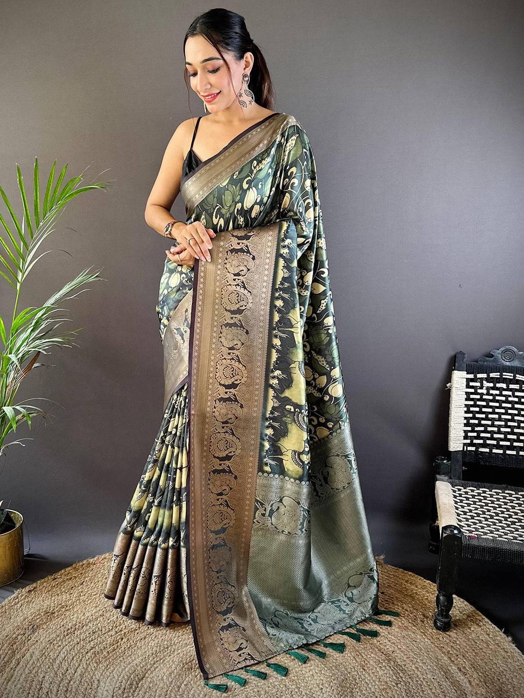Bottle Green Soft Silk Kalamkari Saree by My Store