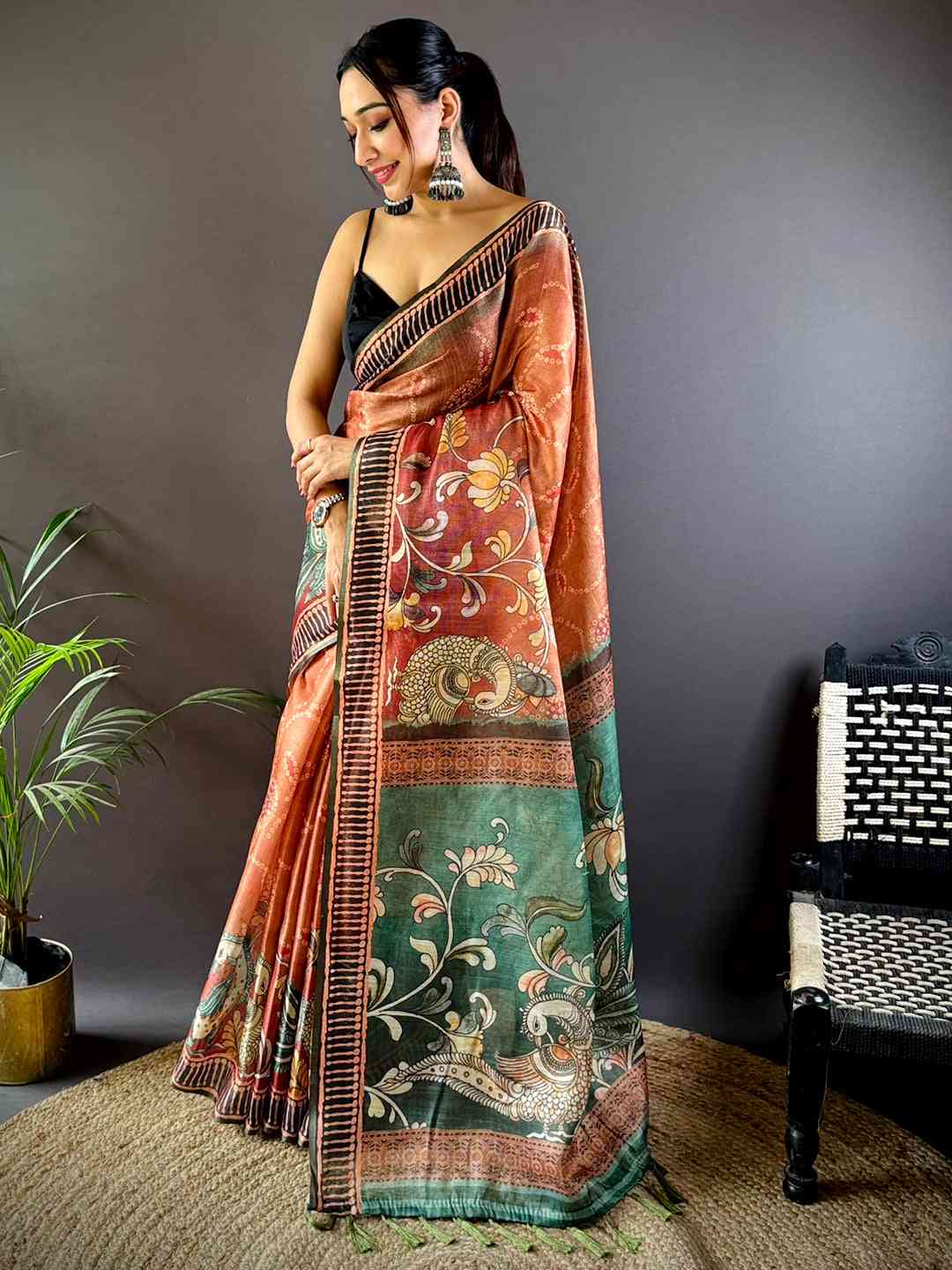 Light Brown Floral Chanderi Saree by My Store