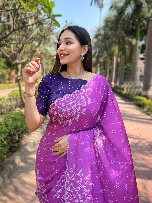 Purple Georgette Silk Saree with Ombre Bandhej Print & Swaroski Stone Work by My Store