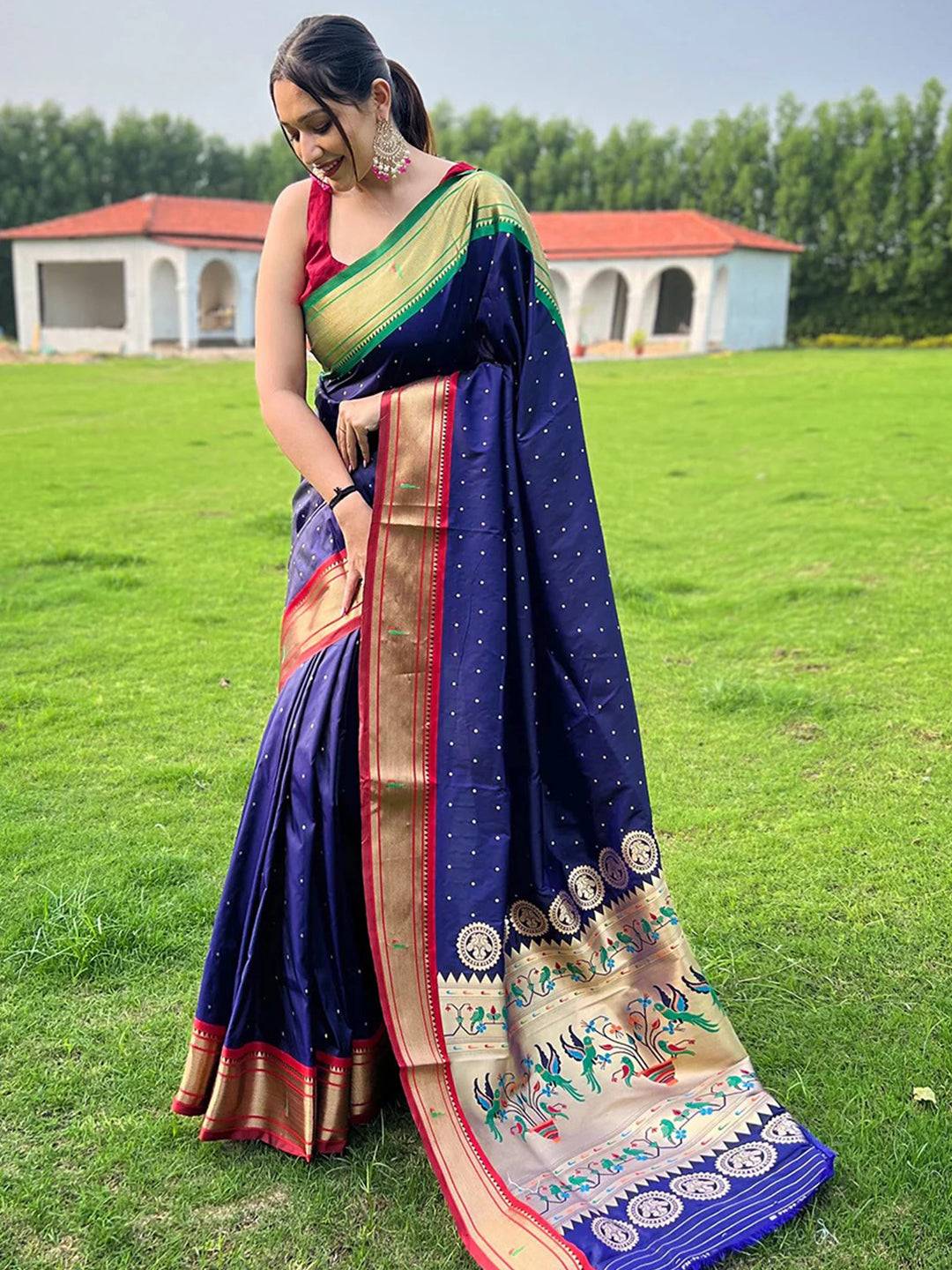 Navy Blue Paithani Ganga Jamuna Broder Saree by My Store