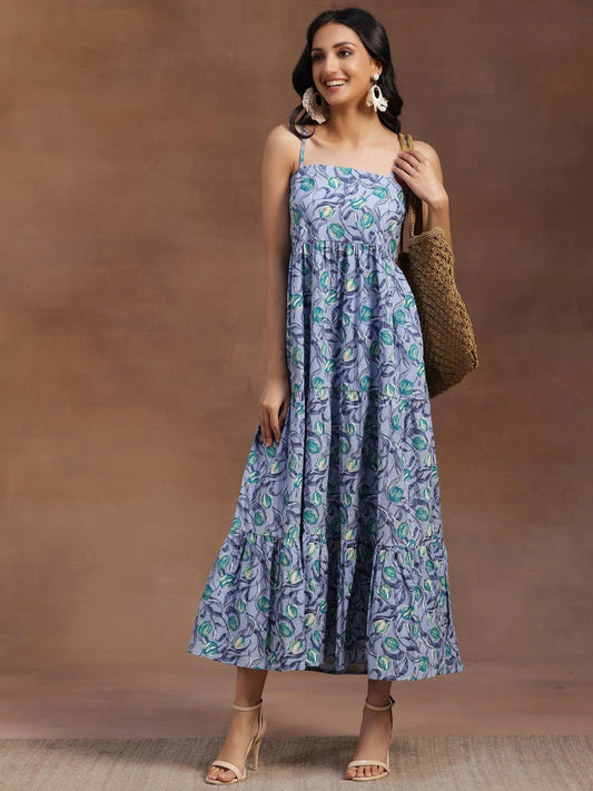 Grey Printed Cotton Fit and Flare Dress by My Store