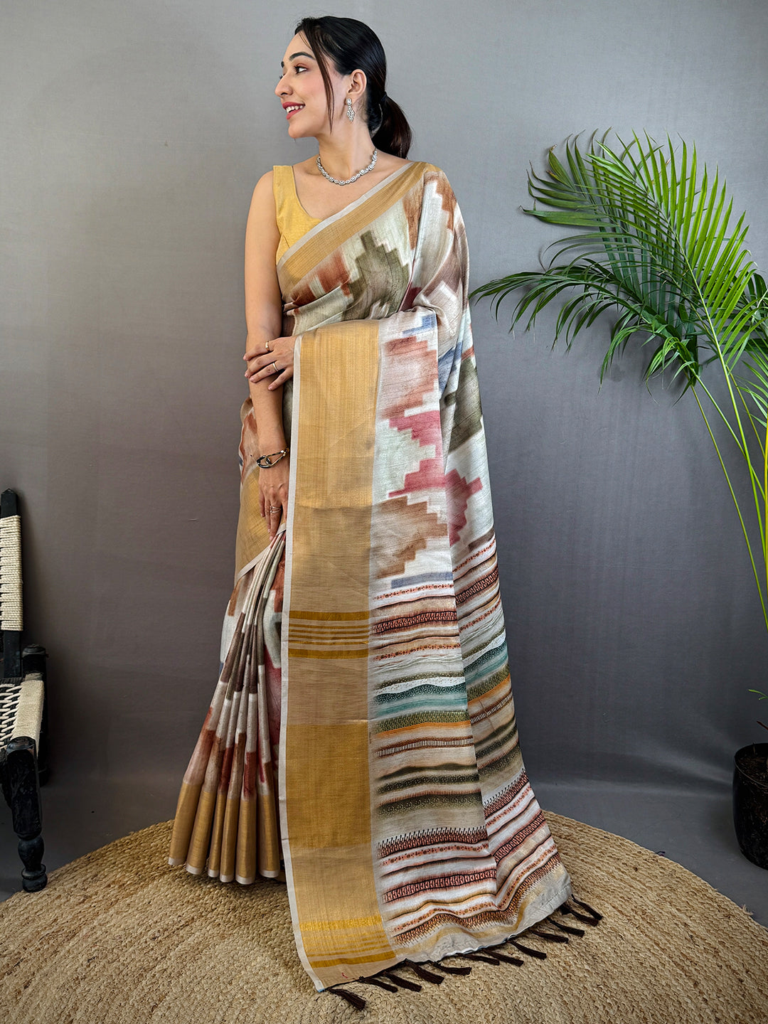 Ivory Geometric Kalamkari Linen Saree by My Store