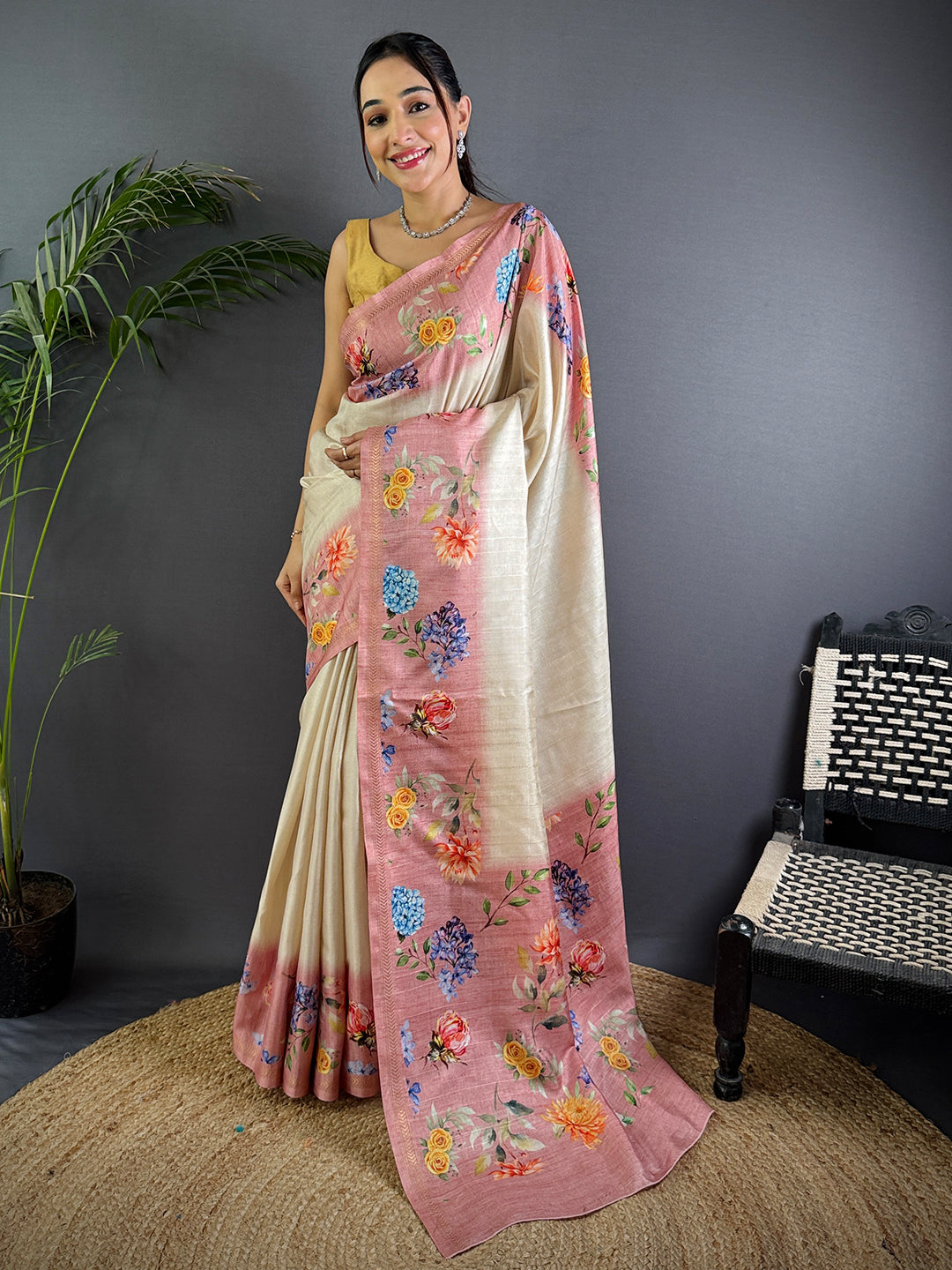 Off White Tussar Ghicha Silk Saree by My Store